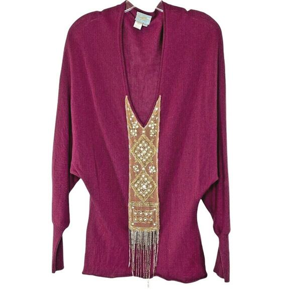 Tracy Reese 100% Wool V Neck Burgundy‎ Knit Beaded Rhinestone Sweater Large - Picture 1 of 8